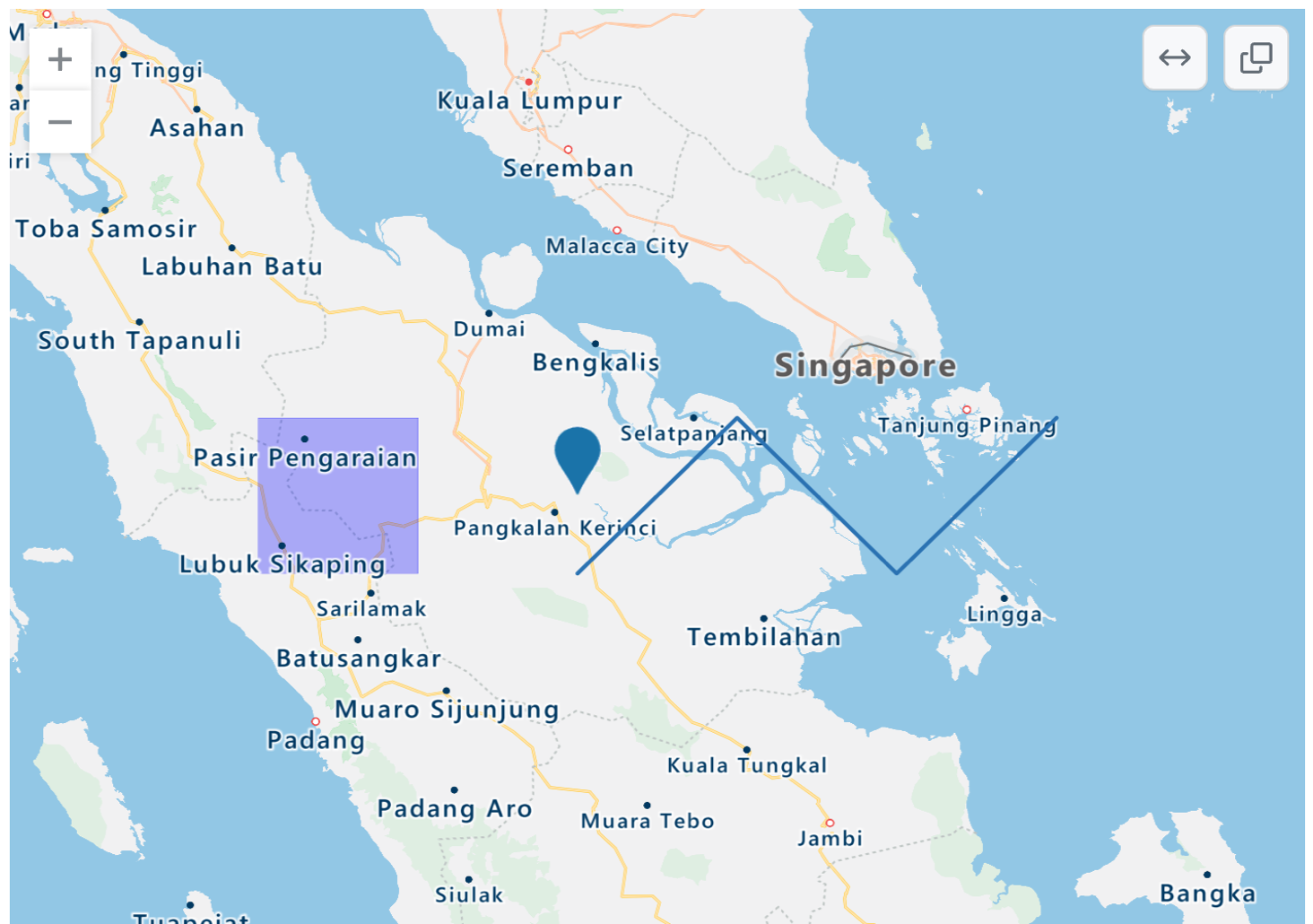 파란색 점, 보라색 사각형 오버레이 및 파란색 지그재그 선이 있는 서부 인도네시아, 싱가포르 및 말레이시아 일부의 렌더링된 TopoJSON 맵 스크린샷