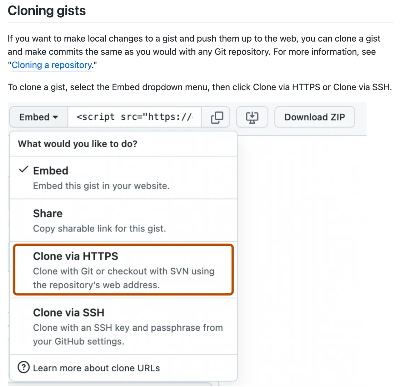 Снимок экрана: статья с инструкциями и снимок экрана пользовательского интерфейса для клонирования gist на GitHub.