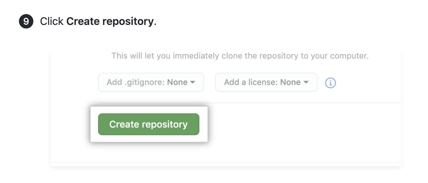 GitHub에 새 리포지토리를 만드는 마지막 단계에 대한 지침 및 UI 스크린샷을 보여 주는 문서의 스크린샷.
