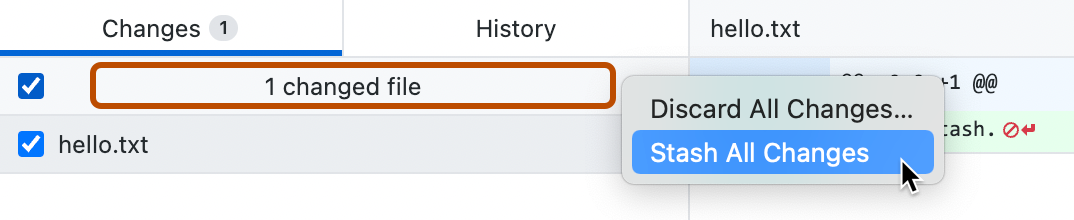 Captura de tela da guia "Alterações". A barra de cabeçalho, rotulada como "1 arquivo alterado", está contornada em laranja. Em um menu de contexto, o cursor passa sobre "Aplicar Stash a Todas as Alterações".