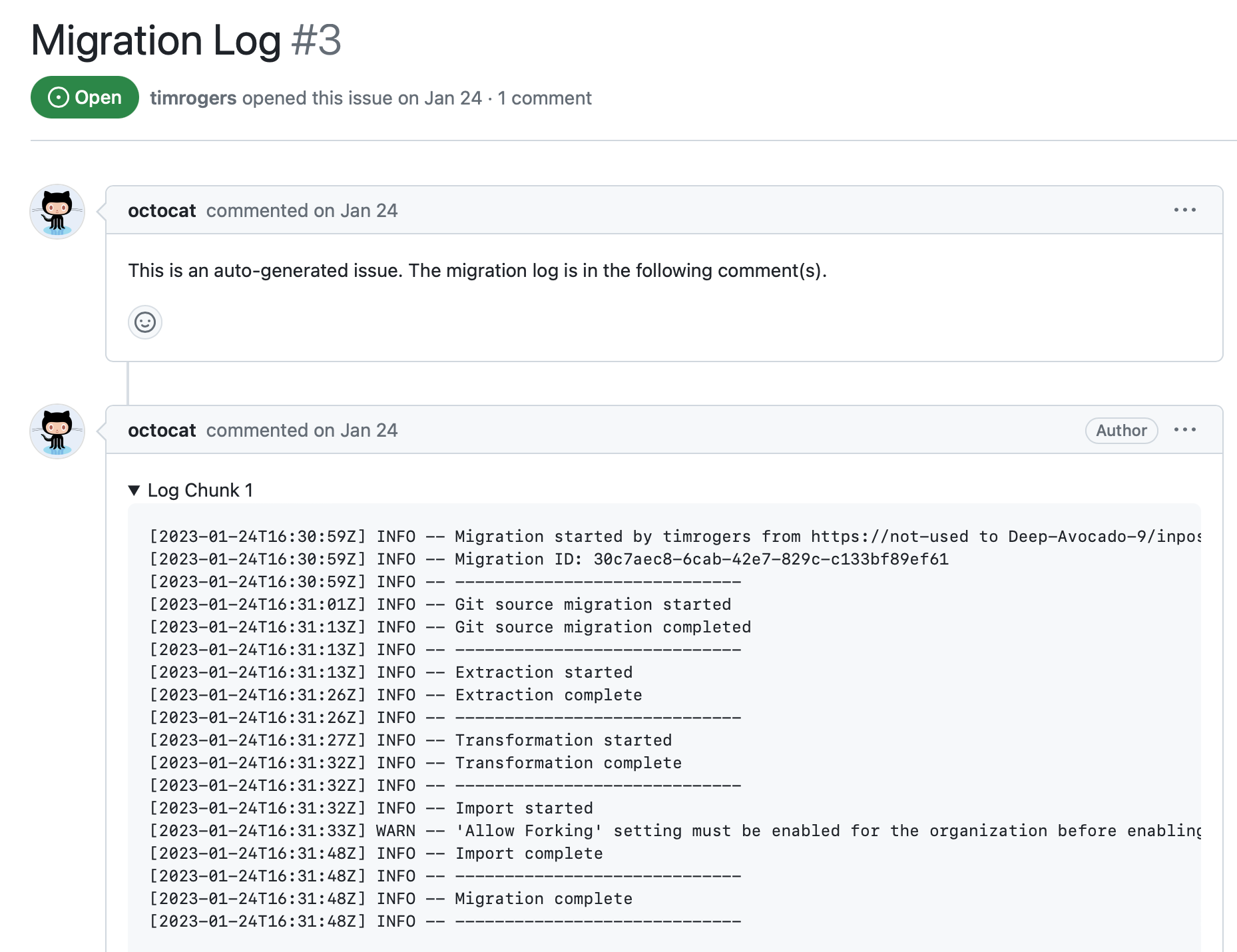 Screenshot eines Problems mit dem Titel „Migrationsprotokoll“. Der zweite Kommentar im Issue enthält Protokolle für eine Migration.