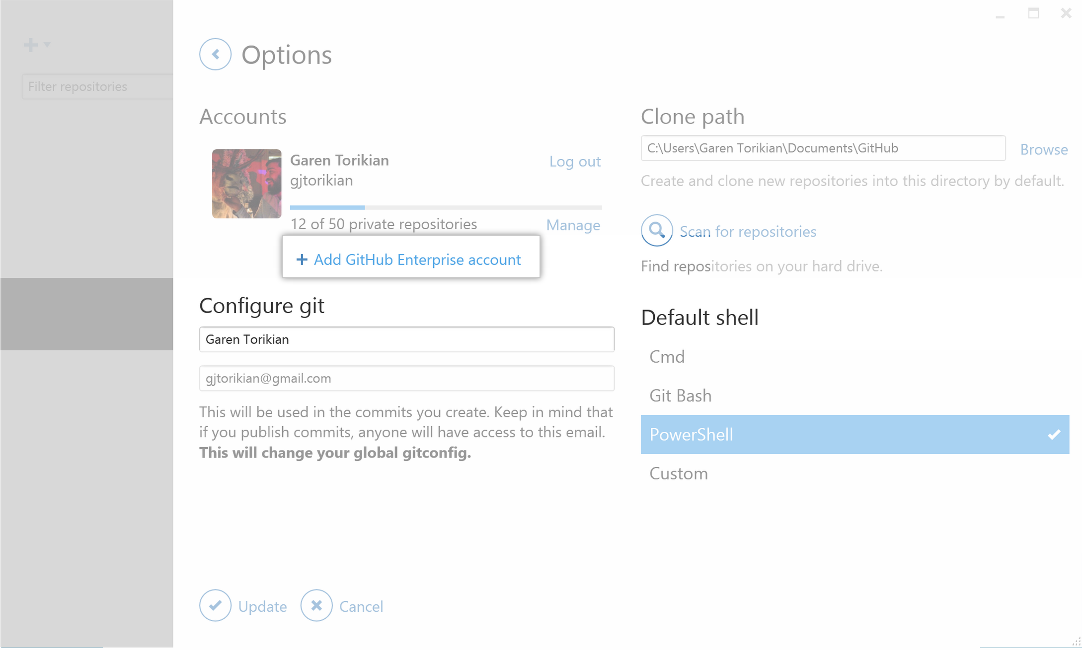GitHub for Windows add Enterprise account
