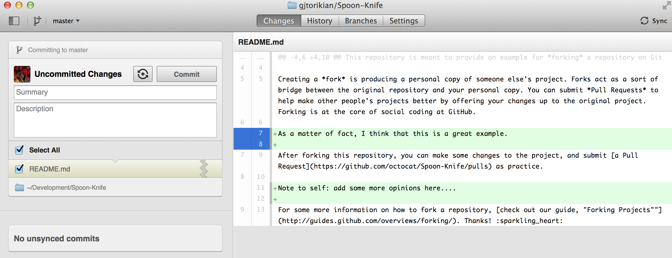 GitHub for Mac showing partial line commits