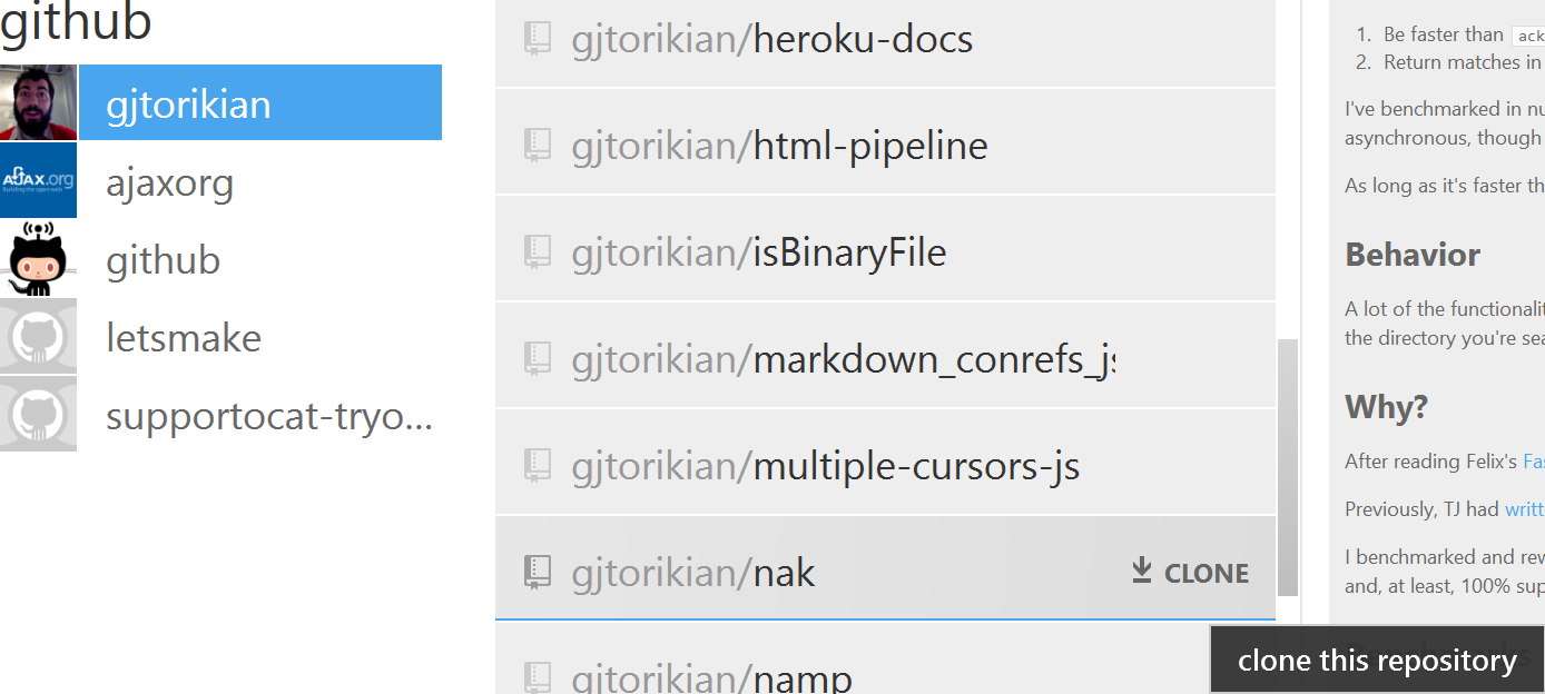 GitHub for Windows repository listing