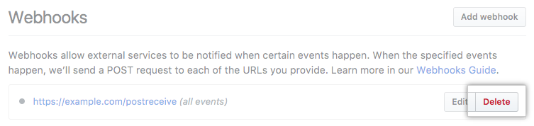 Delete button next to a webhook