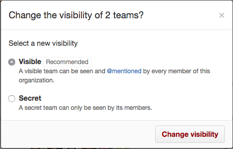 Radio buttons for making a team visible or secret and Change visibility button