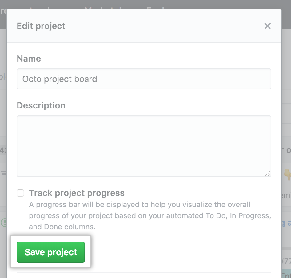 Fields with the project board name and description, and Save project button