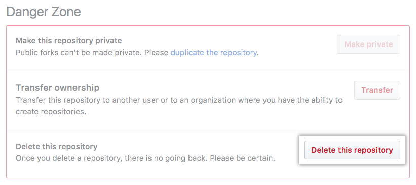 Repository deletion button