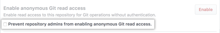 Marcar a caixa de seleção para impedir o repositório de alterar a configuração de acesso de leitura anônimo do Git