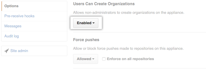 Dropdownmenü „Users can create organizations“ (Benutzer können Organisationen erstellen)