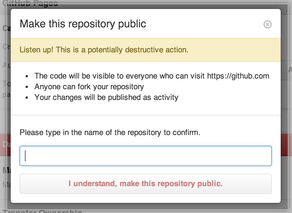 Pop-up with information about making a private repository public