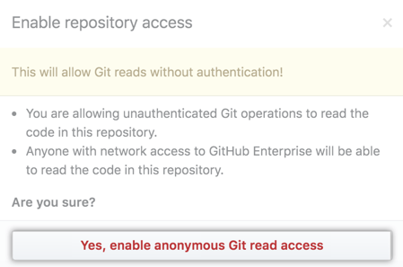 Confirma la configuración de acceso de lectura Git anónimo en la ventana emergente