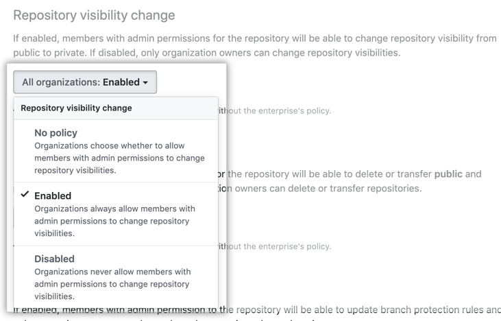Drop-down menu with repository visibility policy options
