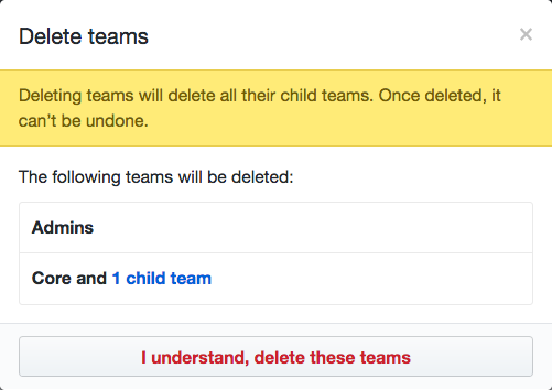 List of teams that will be deleted and Delete teams button