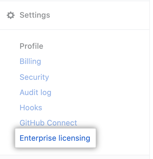 License tab in the enterprise account settings sidebar