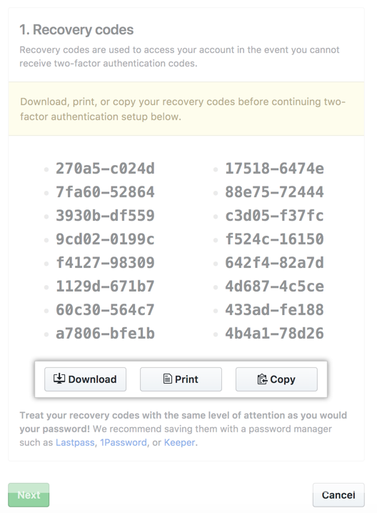 Lista de códigos de recuperación con opción para descargar, imprimir o copiar los códigos