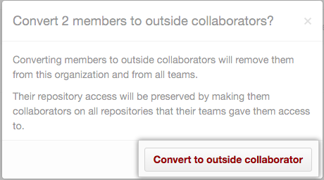 Información sobre permisos de colaboradores externos y botón Convert to outside collaborators (Convertir en colaboradores externos)