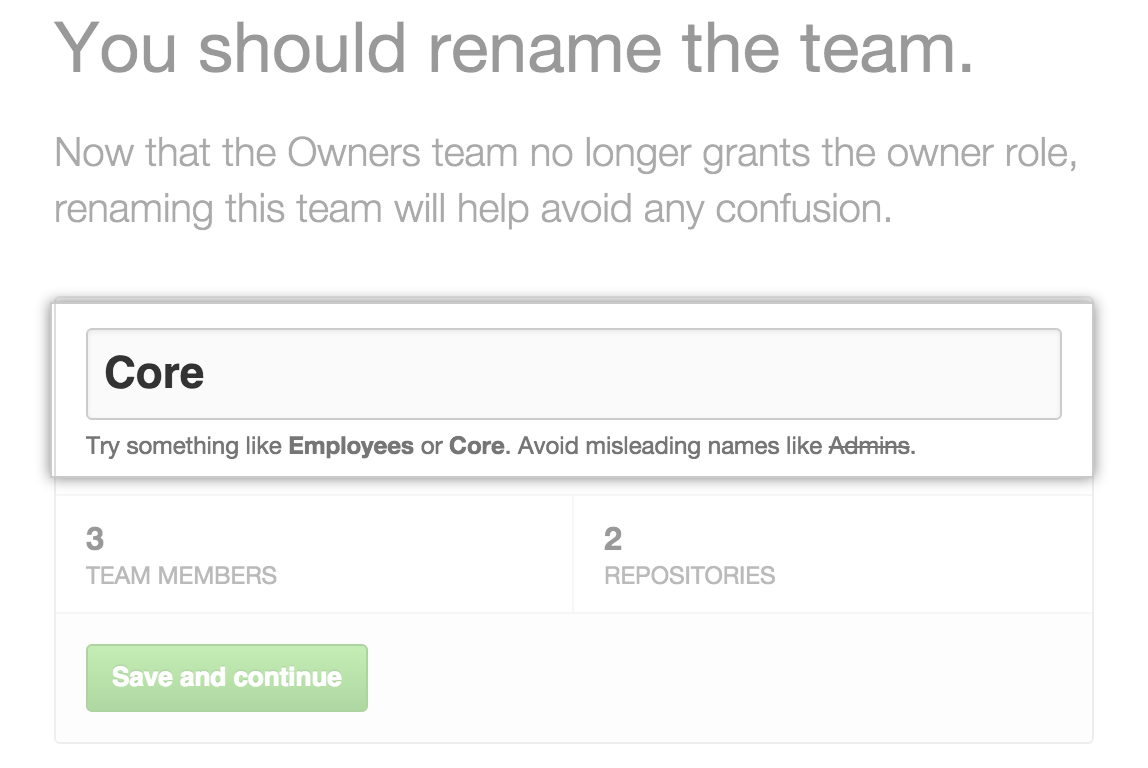 The team name field, with the Owners team renamed to Core