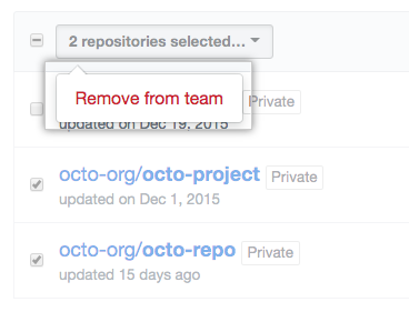 Menu suspenso com a opção para Remove a repository from a team (Remover um repositório de uma equipe)