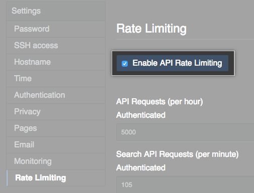 Caixa de seleção para habilitar limite de taxas de API