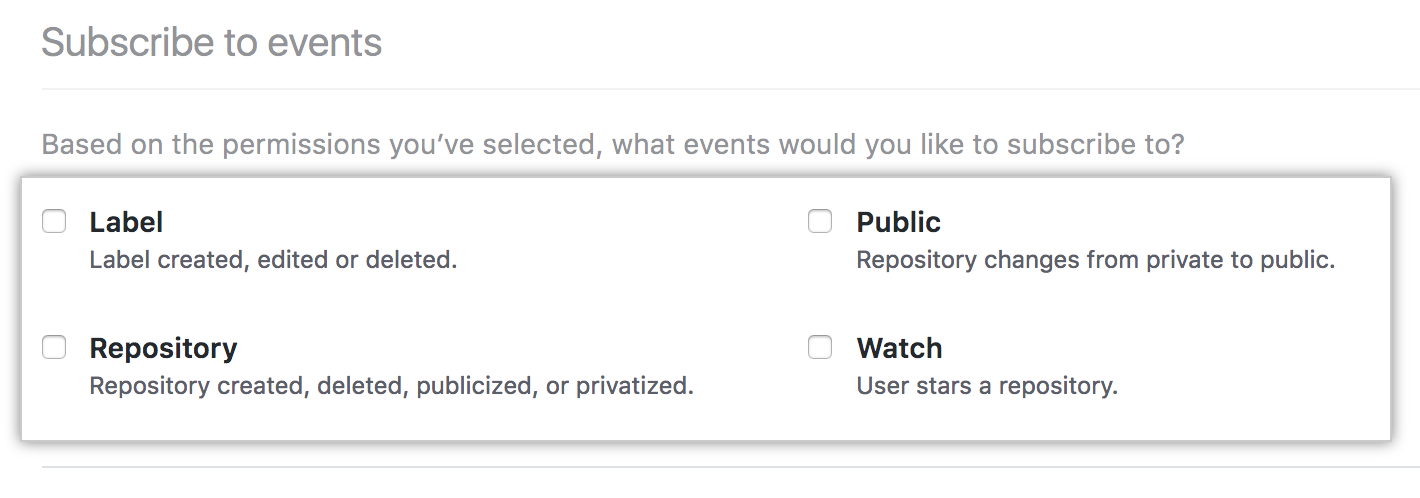 Opciones de suscripción a los eventos para tu GitHub App