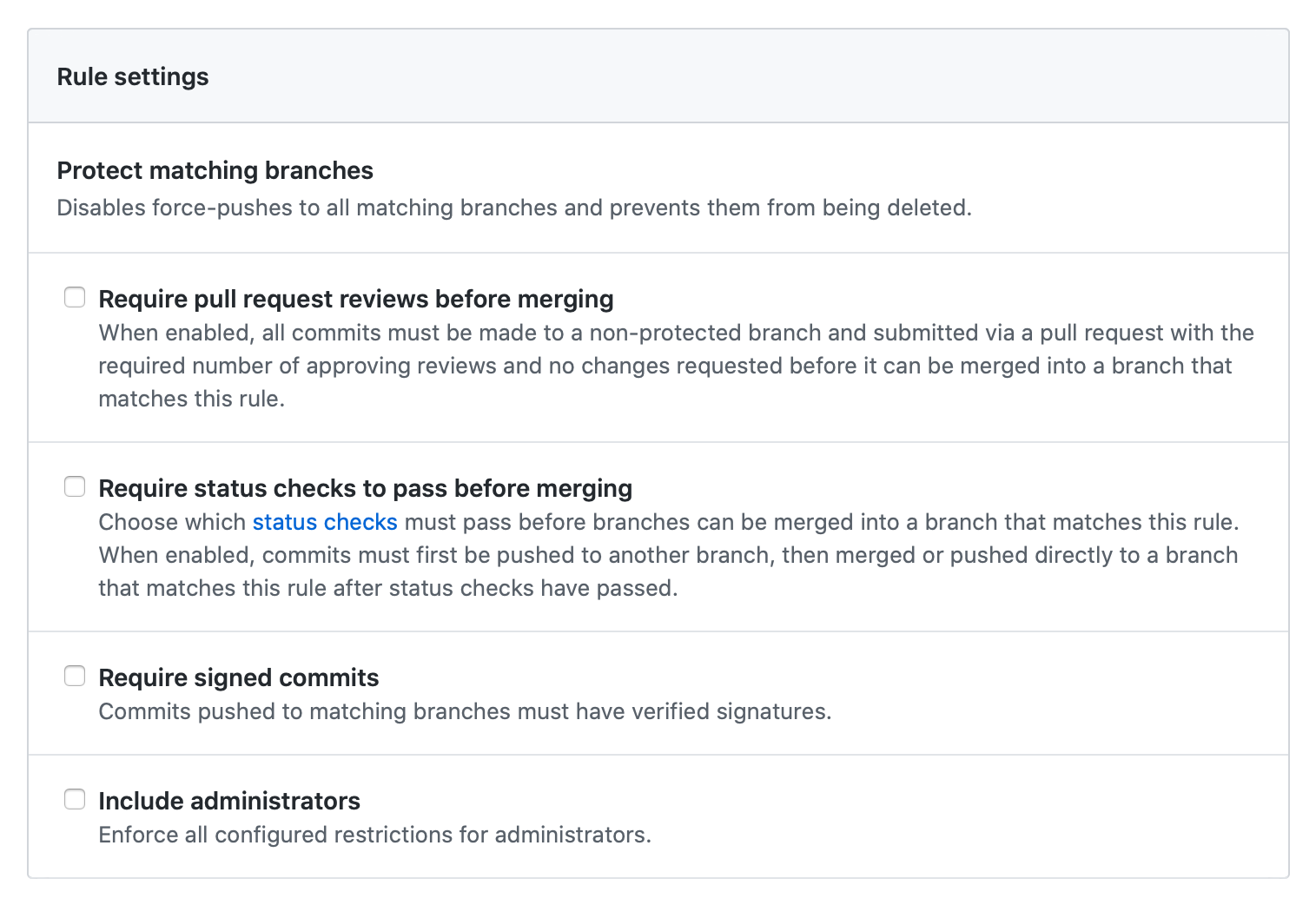Protected branch rule settings