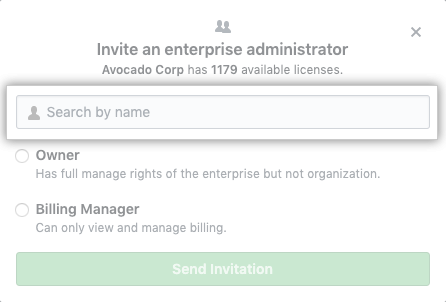 Casilla modal con campo para escribir el nombre de usuario, el nombre completo o la dirección de correo electrónico de una persona y botón Invite (Invitar)