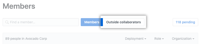 Guia Outside collaborators (Colaboradores externos) na página Organization members (Integrantes da organização)