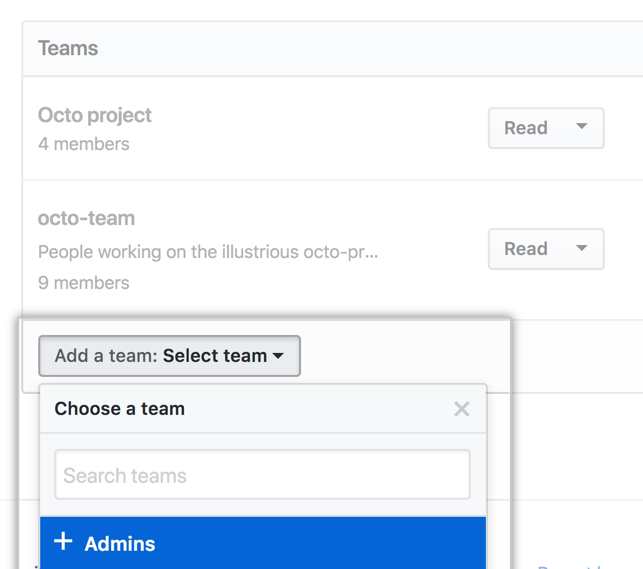 Organization のチームのリストが表示される [Add a team] ドロップダウン メニュー