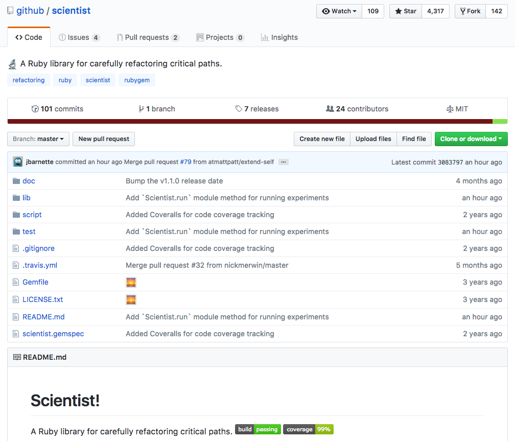 Main page of the github/scientist repository and its README file