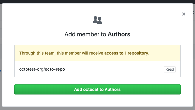 Modal box with a list of the repositories the new team member will have access to and confirmation button