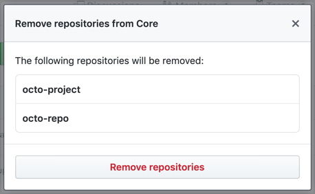 Modal box with a list of repositories that the team will no longer have access to