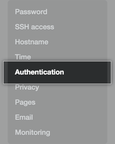 Aba de autenticação na barra lateral de configurações