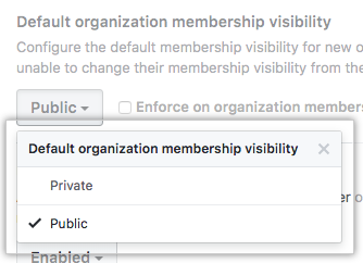 デフォルトの Organization のメンバーシップの可視性をパブリックあるいはプライベートに設定するオプションを持つドロップダウンメニュー