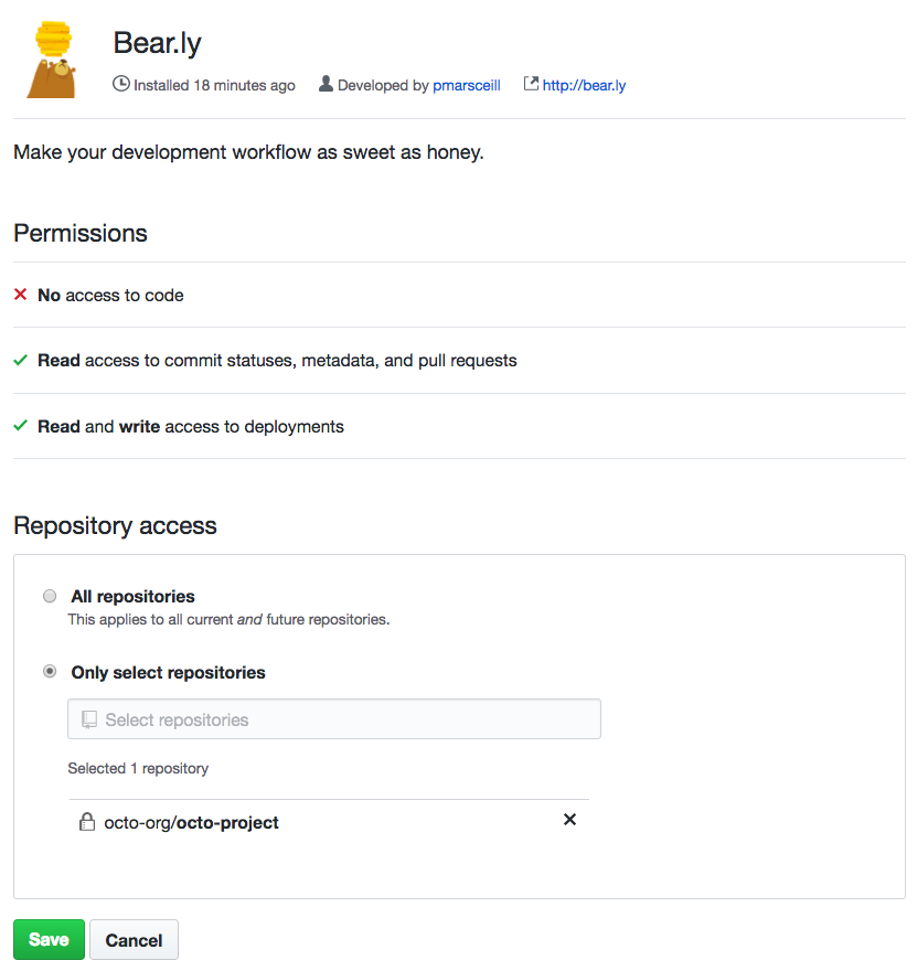 GitHub App にすべてのリポジトリまたは特定のリポジトリへのアクセス権を付与するためのオプション