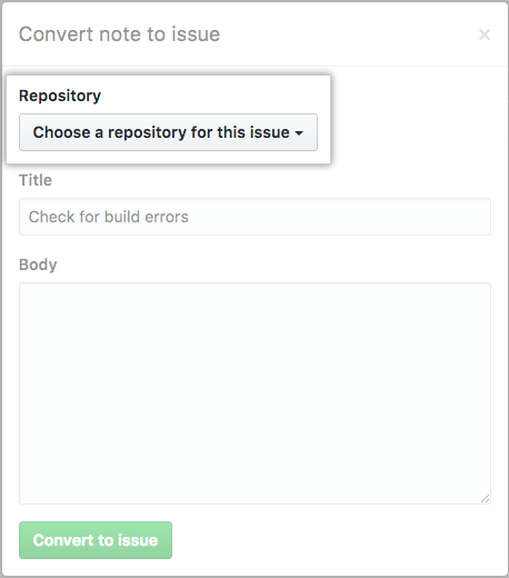 Drop-down menu listing repositories where you can create the issue