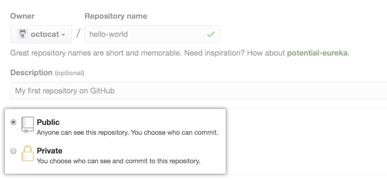 Radio buttons to select repository visibility