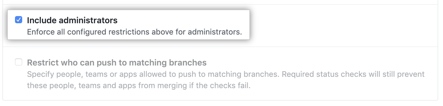 Caixa de seleção Include administrators (Incluir administradores)