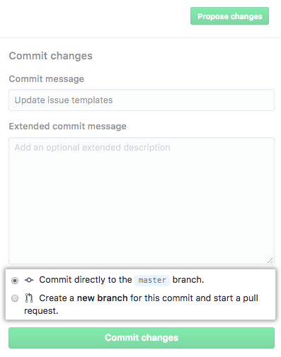 Issue template commit to main or open pull request choice
