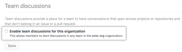 Organization の Team ディスカッションを有効化または無効化するチェックボックス