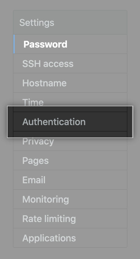 Aba de autenticação na barra lateral de configurações