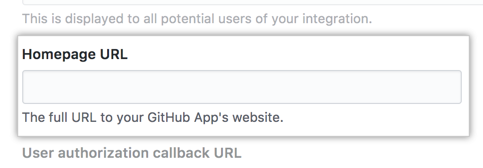 Campo para la URL de la página de inicio de tu GitHub App