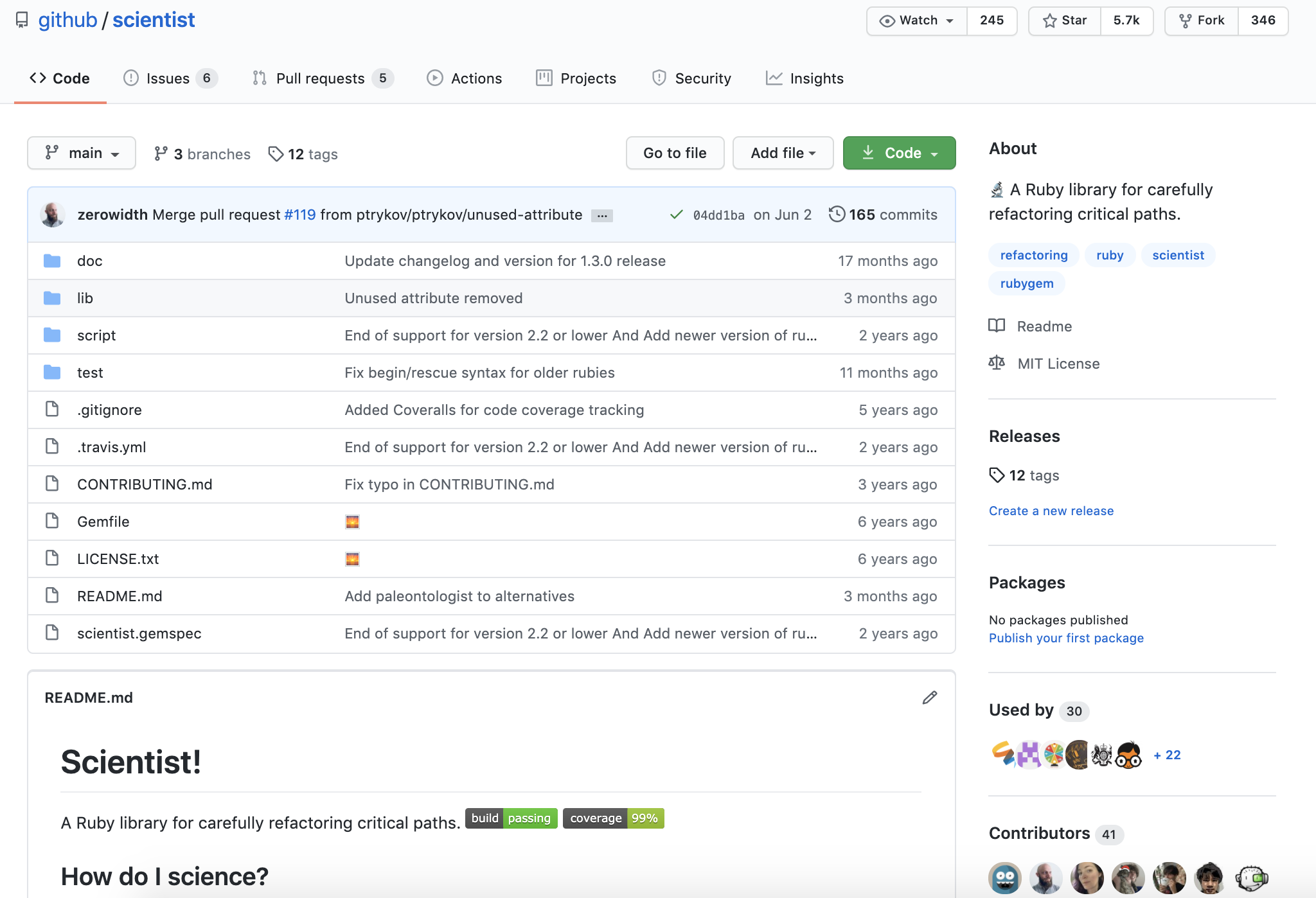 Main page of the github/scientist repository and its README file