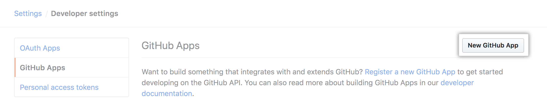 GitHub website, showing the **New App**
