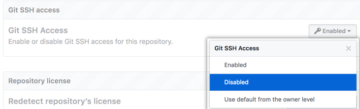 Dropdownmenü „Git SSH access“ (Git-SSH-Zugriff) mit ausgewählter Option „Disabled“ (Deaktiviert)