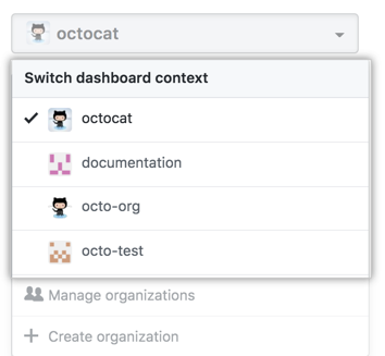 Dashboard context switcher drop-down menu showing different organization options