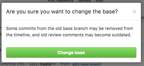 Schaltfläche „Base branch change confirmation" (Bestätigen der Basis-Branch-Änderung) 