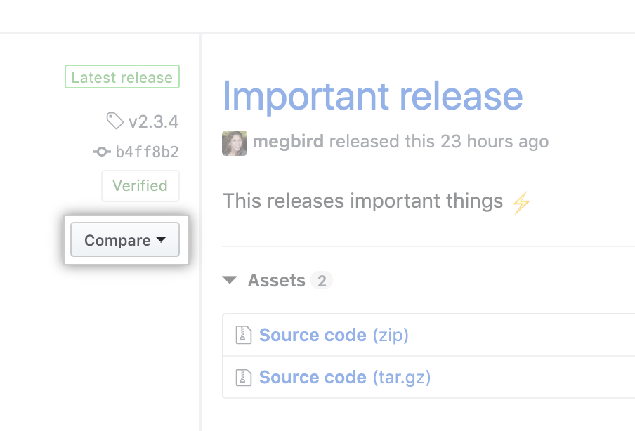 Menü „Compare release tags" (Vergleiche Release-Tags)