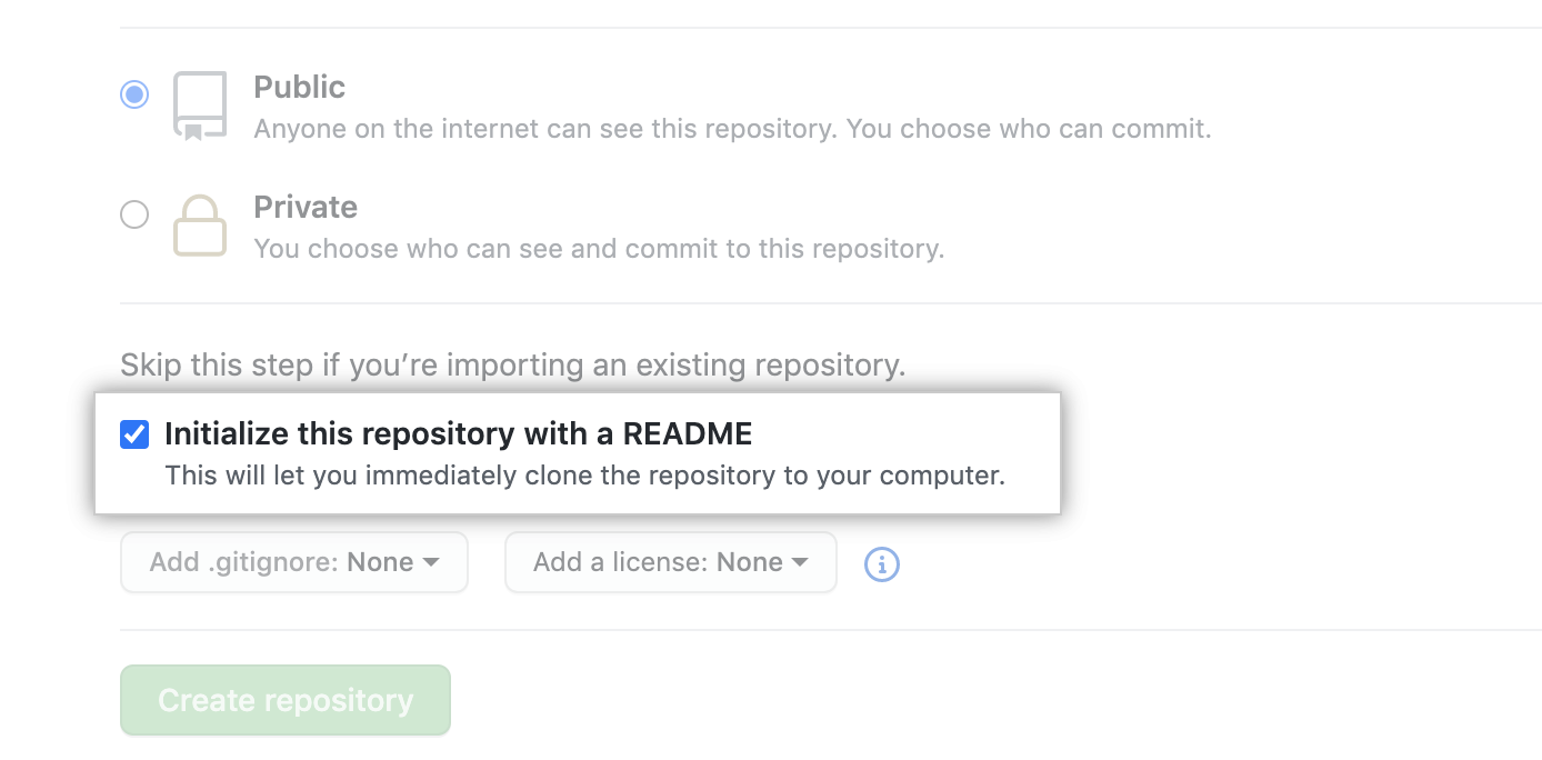 Kontrollkästchen „Initialize this repository with a README“ (Dieses Repository mit einer README-Datei initialisieren)