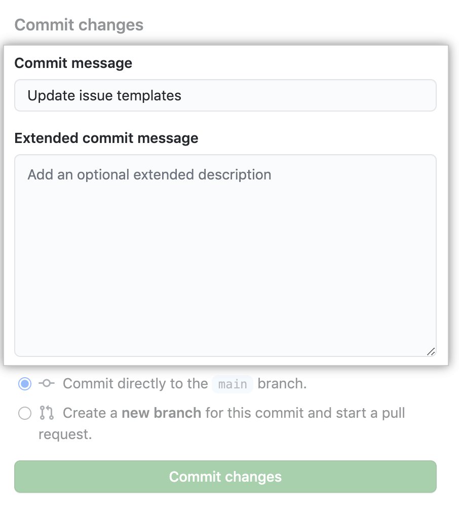 Issue template commit message field
